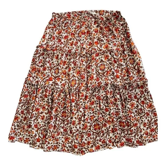 Cynthia Rowley Boho Hippie Flowy Tiered Orange & Brown Floral Print Skirt - Picture 1 of 7